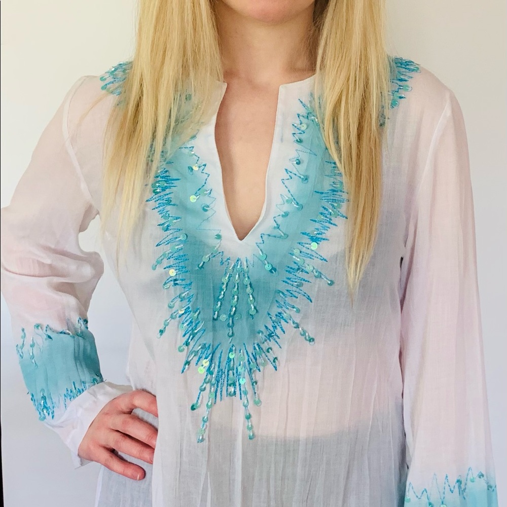 White Cotton Boho style tunic top with turqoise color shiny beadings long sleeve